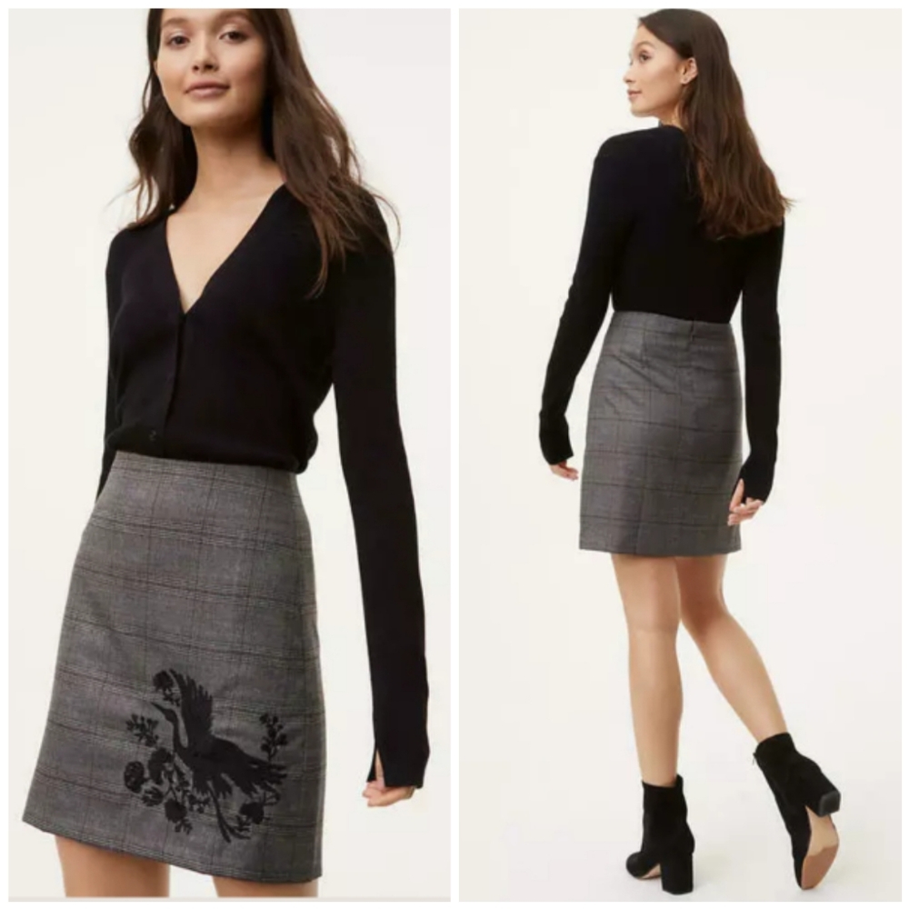 LOFT Gray Plaid Midi Skirt with Black Embroidered Motif